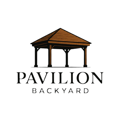 Logo of Pavilion Backyard with a wooden pavilion illustration on a light gray background